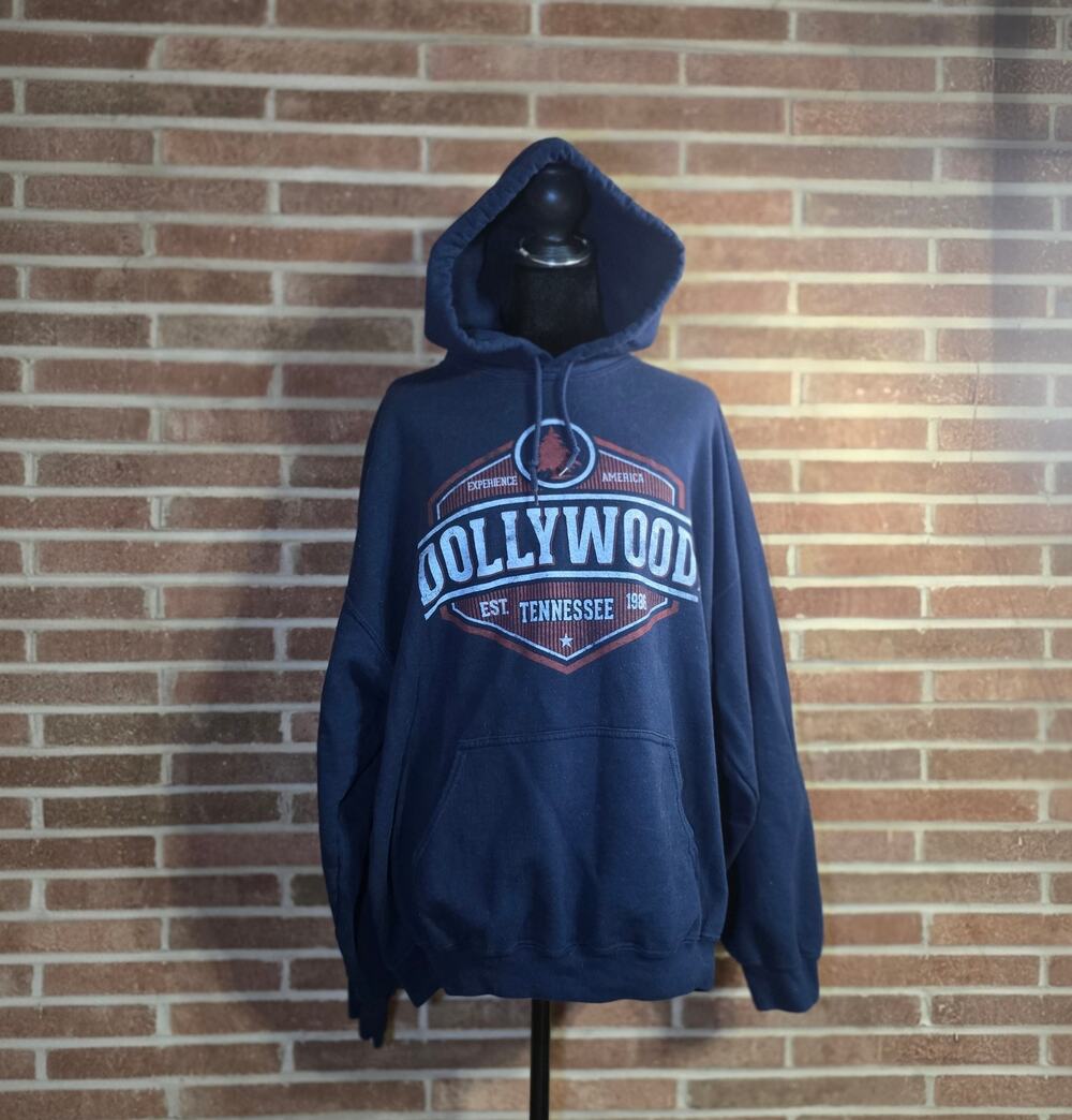 Vintage Dollywood Hoodie Sweatshirt XL Navy Blue Heavy Blend Est 1986